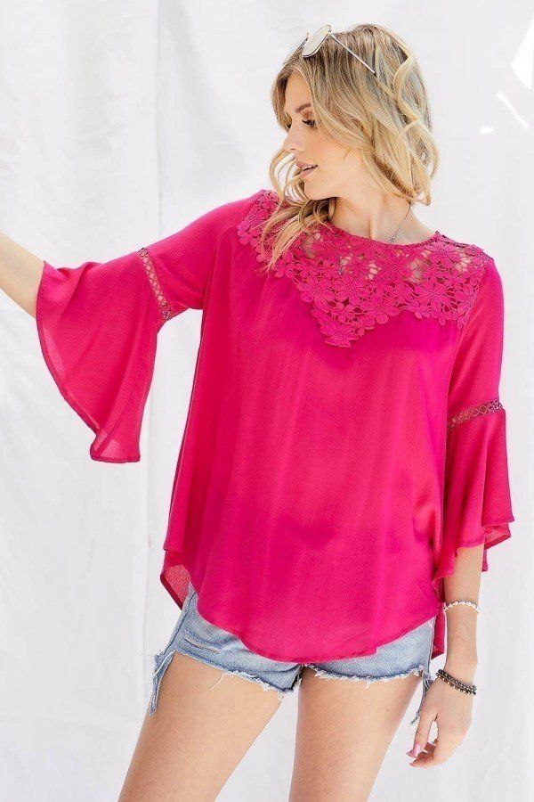 Cute Floral Mesh Lace Accent Yoke Crochet Detailed Tieback Bell Sleeve Blou… Persix