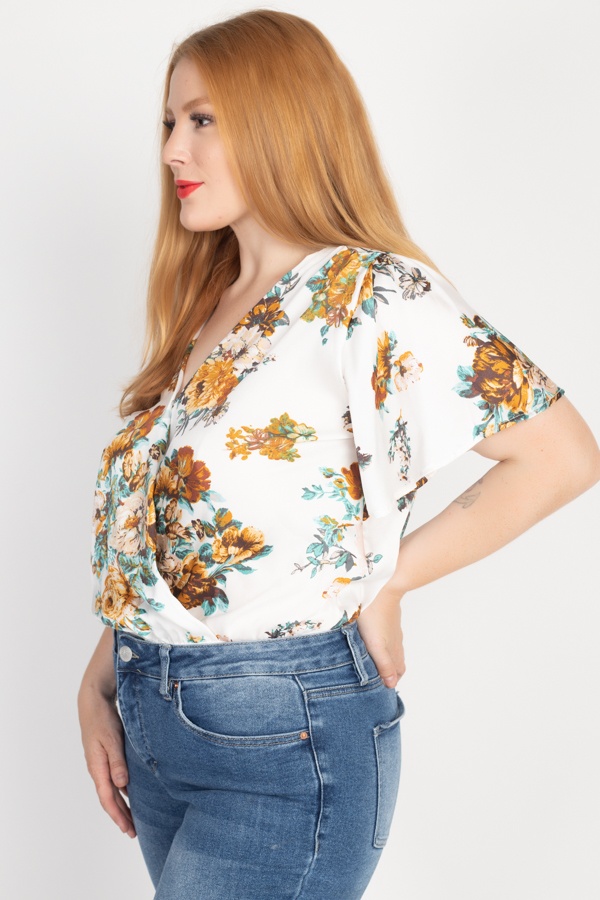 Floral Print Front Warp Bodysuit - Persix